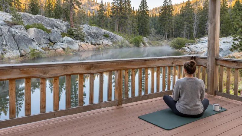 Morning on the deck above the river: mist over the water, a woman sits on a yoga mat by the railing with her back to us, granite boulders and pines across