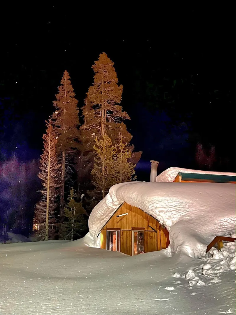 The cabin buried in snow to the roof at night, lit pines and stars above